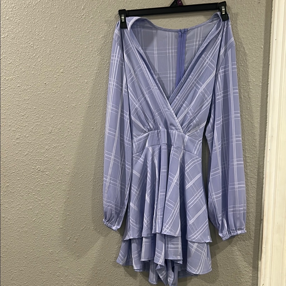 Elegant Long Sleeve Plaid Dress in Light Blue